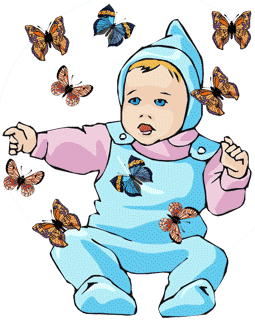 Baby mit vielen Schmetterlingen, die es fangen möchte